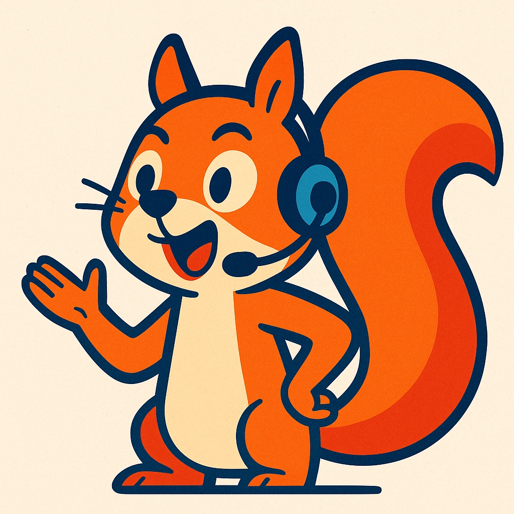 a playful squirrel with a headset, talking animatedly, modern illustration, vibrant toon style emoji