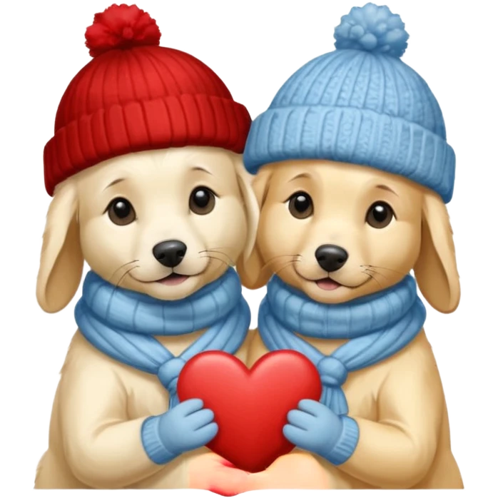 2 English cream golden retrievers cuddling with winter hats and heart in between them. Make them pale dogs  emoji