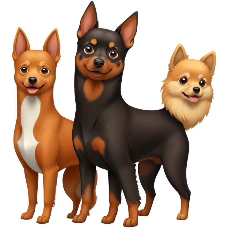 Doberman Pinscher and Pomeranian Spitz standing side by side. The Doberman has a sleek black and tan coat with alert ears, while the Pomeranian has a fluffy orange coat and a joyful expression. Beautiful natural background, with a clear blue sky and green grass. Transparent background. emoji