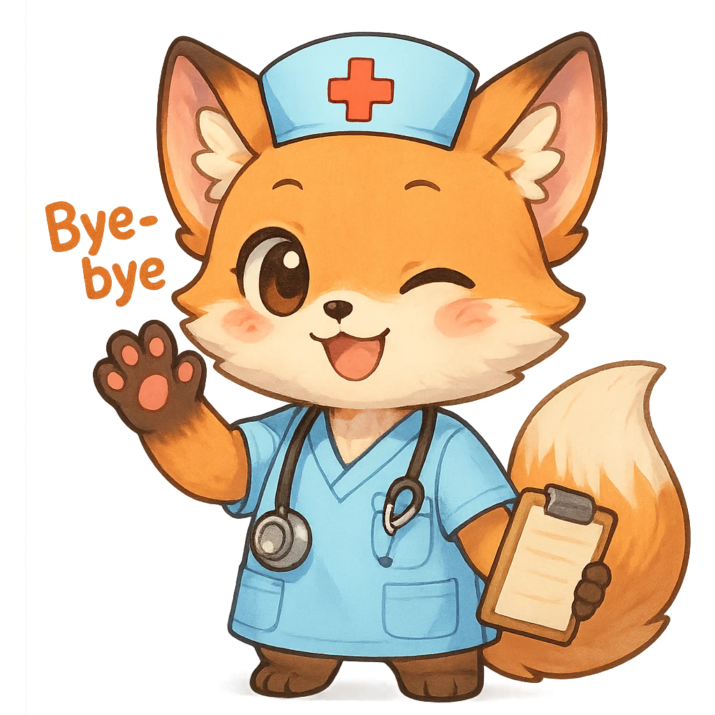 chibi anime style fox character, medical theme, saying goodbye, cute, colorful, detailed emoji