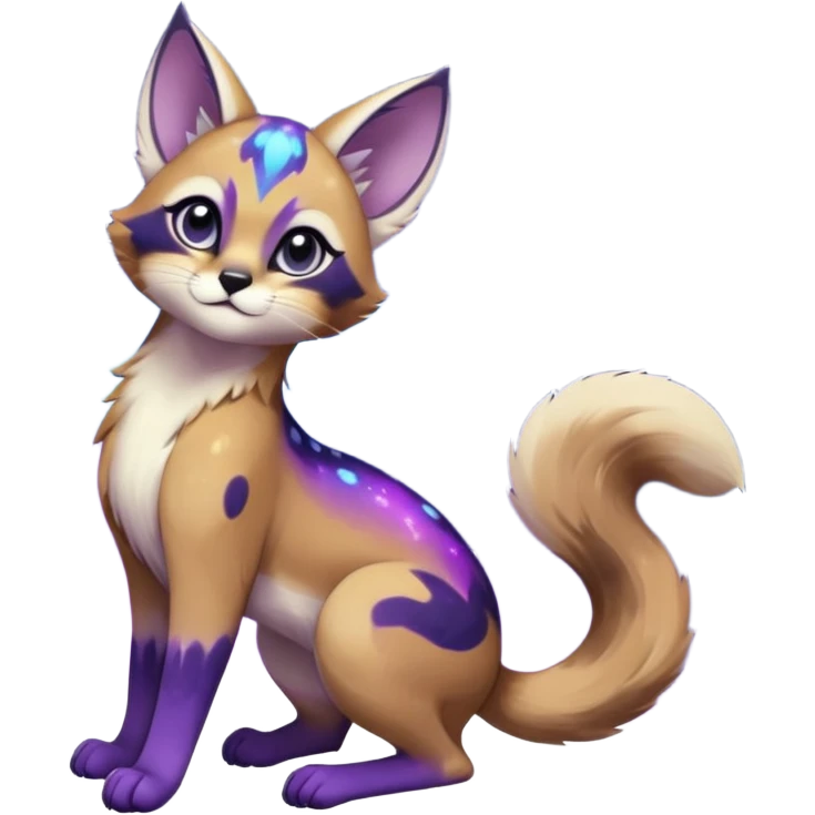 Colorful black-violet-indigo-purple-gradients nebulae nebula starry galactical shiny white-stars-spotted glorious iridescent divine exotic cute cool beautiful realistic Meloetta-caracal-civet-sergal-oncilla-animal-Fakémon-hybrid-fursona (full body) emoji