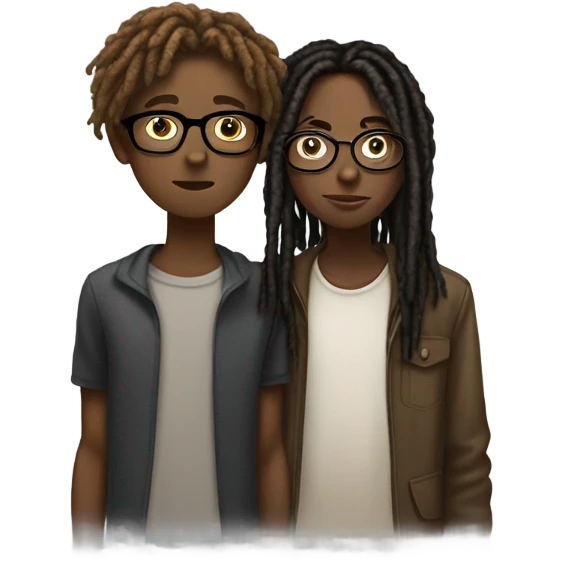 Black teenager with dreads kissing a taller white teenager with glasses , short brown hair , and a few freckles . emoji