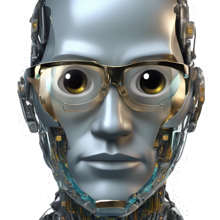 Male cyborg head with metallic plated face, flat top, glasses and circuits emoji