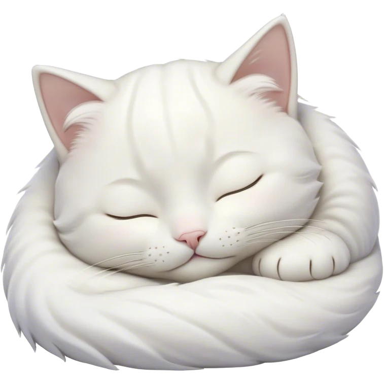 Meme-Worthy Cute Sleeping White Cat Portrait Emoji, Head peacefully tilted with a tender, contented smile and eyes gently closed in serene slumber, featuring a pristine white fur with subtle, delicate silver accents, simplified yet irresistibly adorable, highly detailed, glowing with a soft, drowsy radiance, high shine, exuding calm, heartwarming charm, styled with a gentle, soft glowing outline, capturing the essence of a sleeping white cat that seems destined to become the next viral icon of adorable repose! emoji