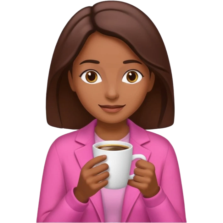 Mulher morena tomando café  com roupa rosa esfriando o café  emoji