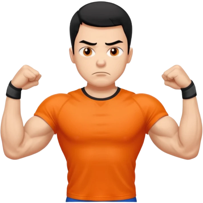 Mach mir einen unglücklichen typen der im gym trainert und viele muskeln hat mit einem orangen sport thshirt und schwarzen kurzen haaren emoji