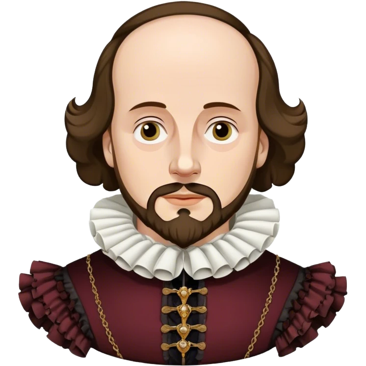 Cinematic Realistic portrait of William Shakespeare, depicted as an iconic playwright in richly detailed Elizabethan attire with a ruffled collar, expressive eyes, and a thoughtful gaze, bathed in dramatic historical lighting that evokes the Bard’s timeless legacy emoji