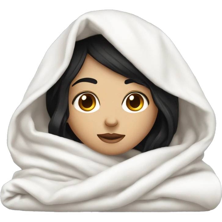 Pale Girl with black hair  laying down cozy in a white blanket emoji