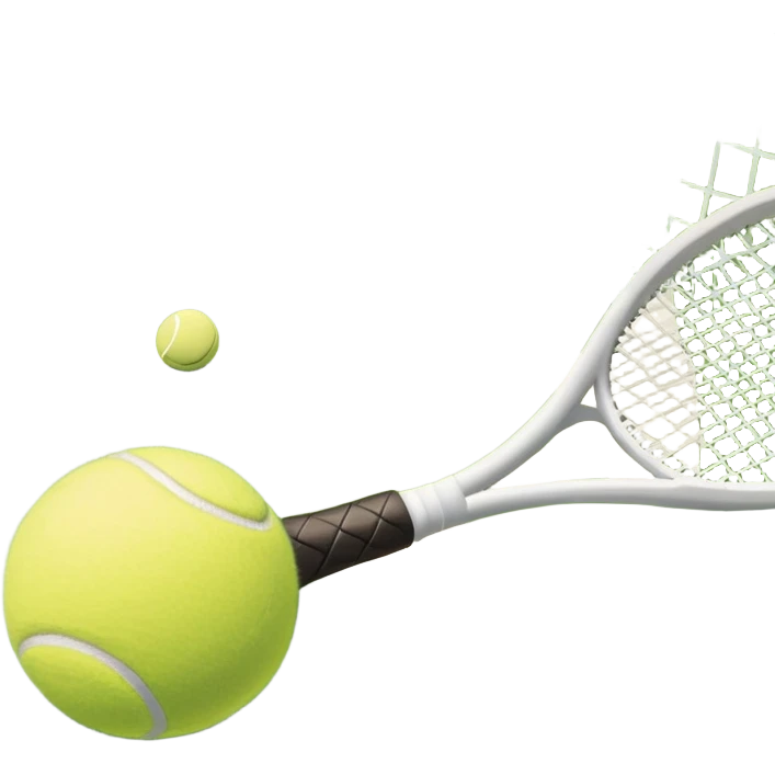 A tennis racket and ball positioned on a grass court, with the net and lines clearly visible in the background. The scene emphasizes the classic elements of the sport, capturing the energy and precision of a tennis match. emoji