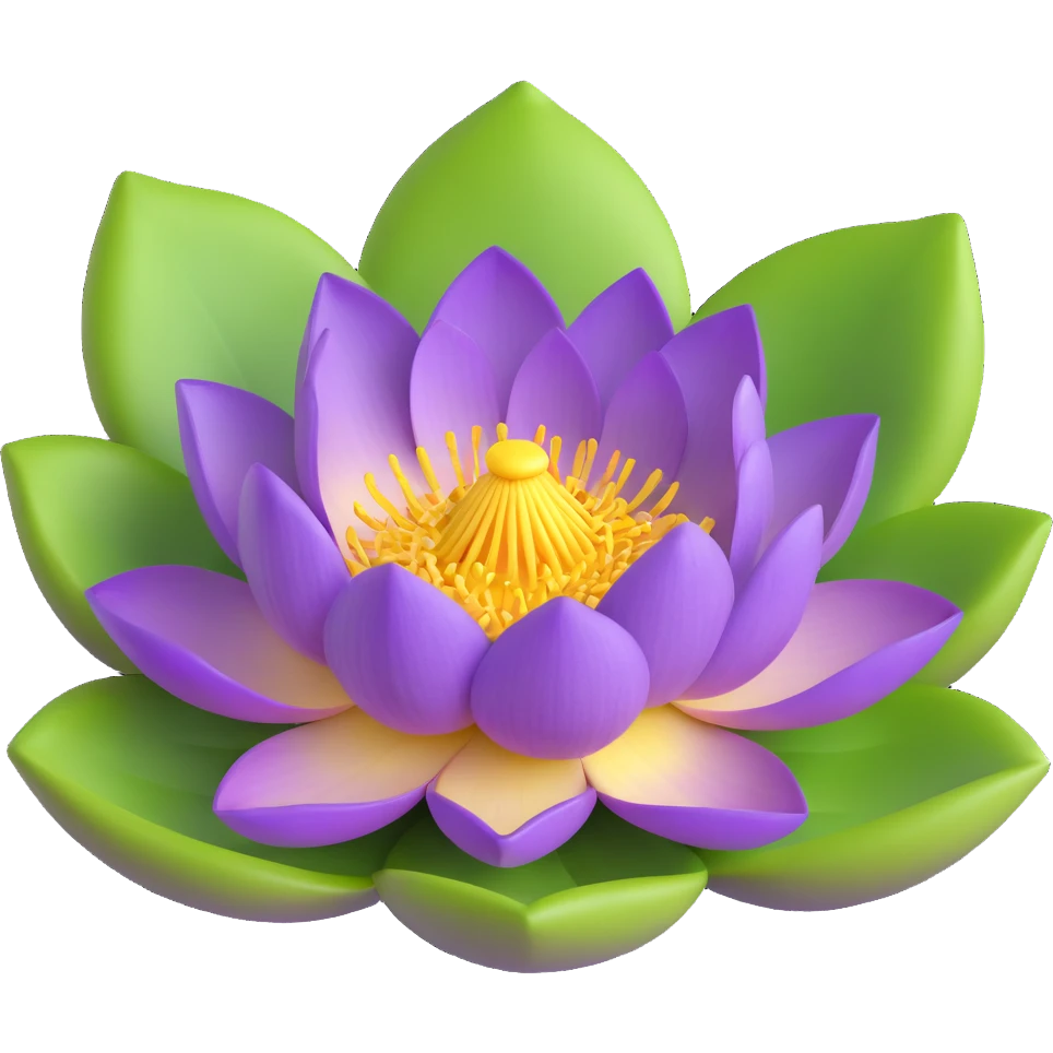 Realistic purple lotus flower with detailed petals, yellow stamens, and green lotus pad emoji