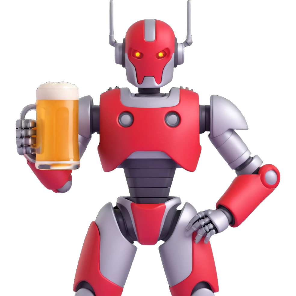 Sector from Mortal Kombat, robotic cyborg with red and silver armor, holding a beer mug, cheerful expression, vibrant colors emoji