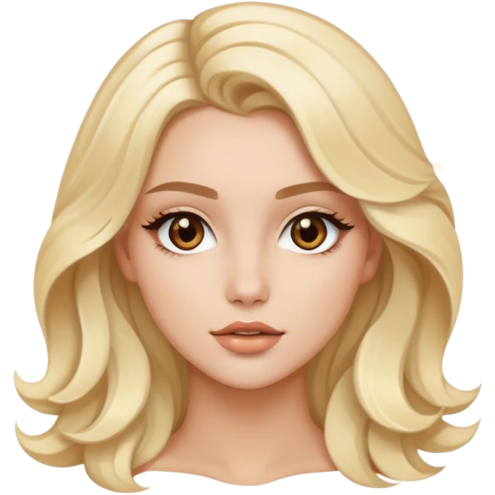 Luxury blonde model, brown eyes, soft sleek wavy hair, pop star emoji