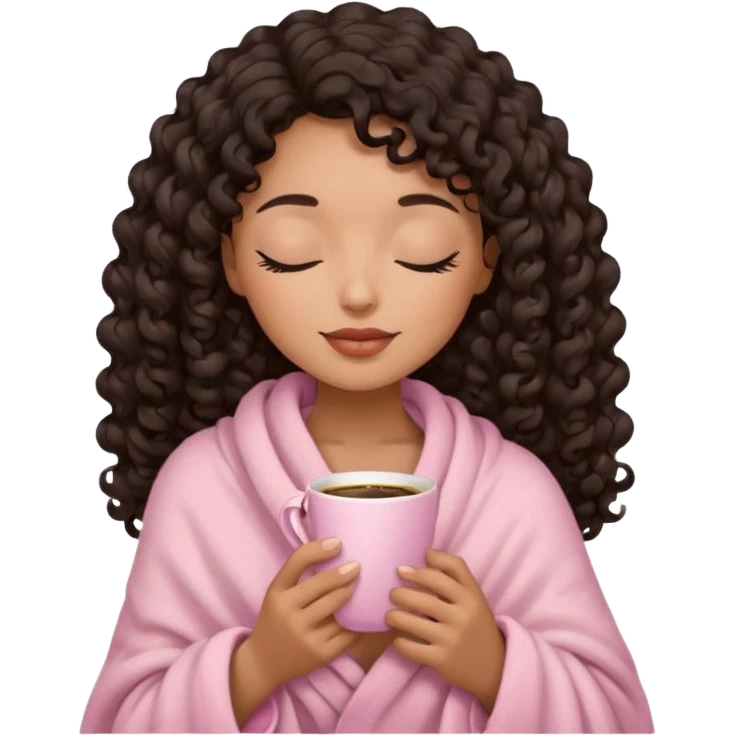hispanic woman, brown skin, black long 3b curls, closed eyes, feminine face, holding soft pink coffee cup with beige blanket over shoulders emoji