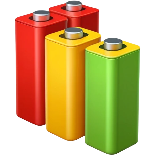 Simple battery icon with three segments: green (full), yellow (half), red (empty). Soft edges, symbolizing energy and self-check. emoji