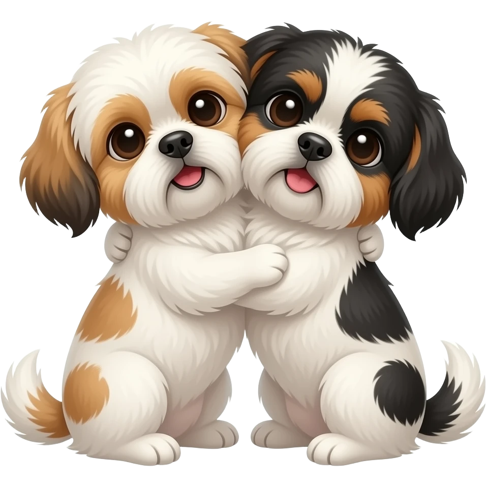 two Shih Tzu  hugging one white one tricolor black light brown white emoji