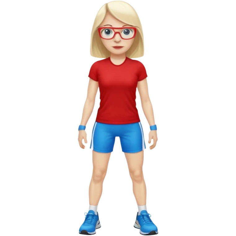 45 yr old white woman, pale skin, long straight blond hair parted in center, blue eyes, bangs, clothes for gym, big red glasses emoji