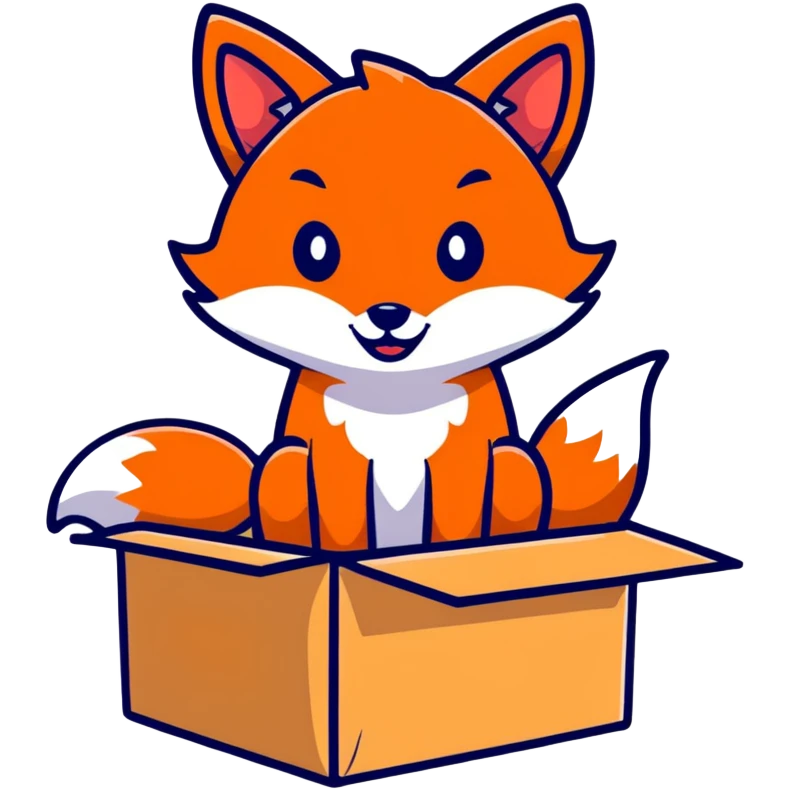 Mischievous fox playing in a colorful cardboard box, kids toy style emoji