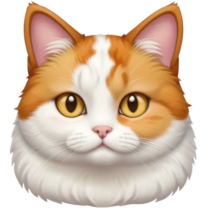 calico and white cat with small head, hazel eyes, and short but chubby body emoji