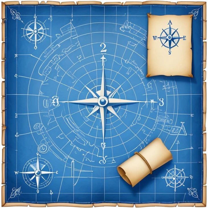 blue blueprint plan with white treasure map symbols and a path emoji