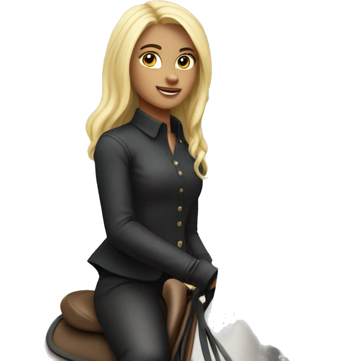 Girl with blonde hair on horseback darkbay horse with black mane emoji