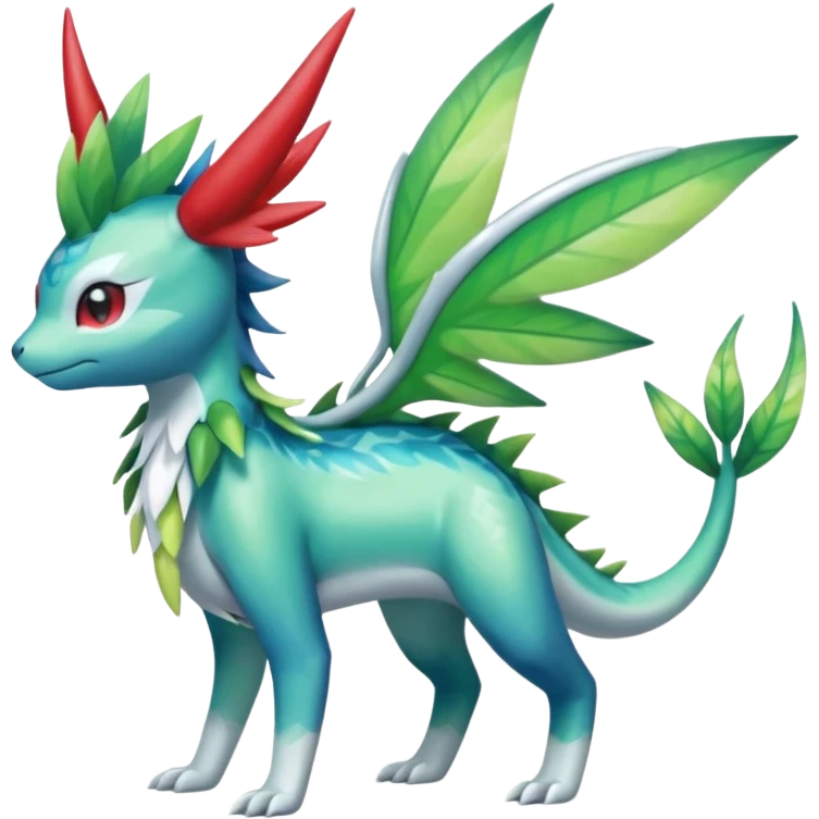 Shiny Colorful Tropical Shaymin-Vaporeon-Sceptile-Flygon-Meloetta-Pokémon-Fakémon-fusion, full body emoji
