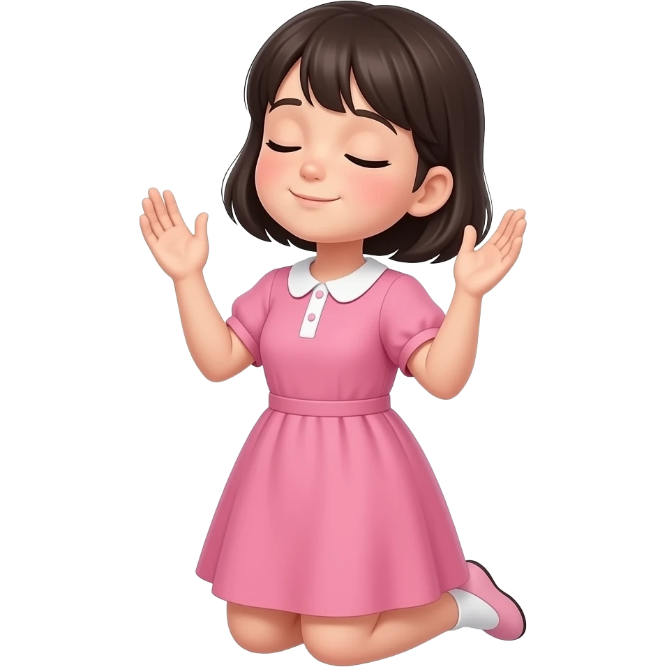 chica de cabello oscuro y corto, sin accesorios, con ropa color rosa, orando de rodillas en los ojos cerrados y manos hacia el cielo emoji