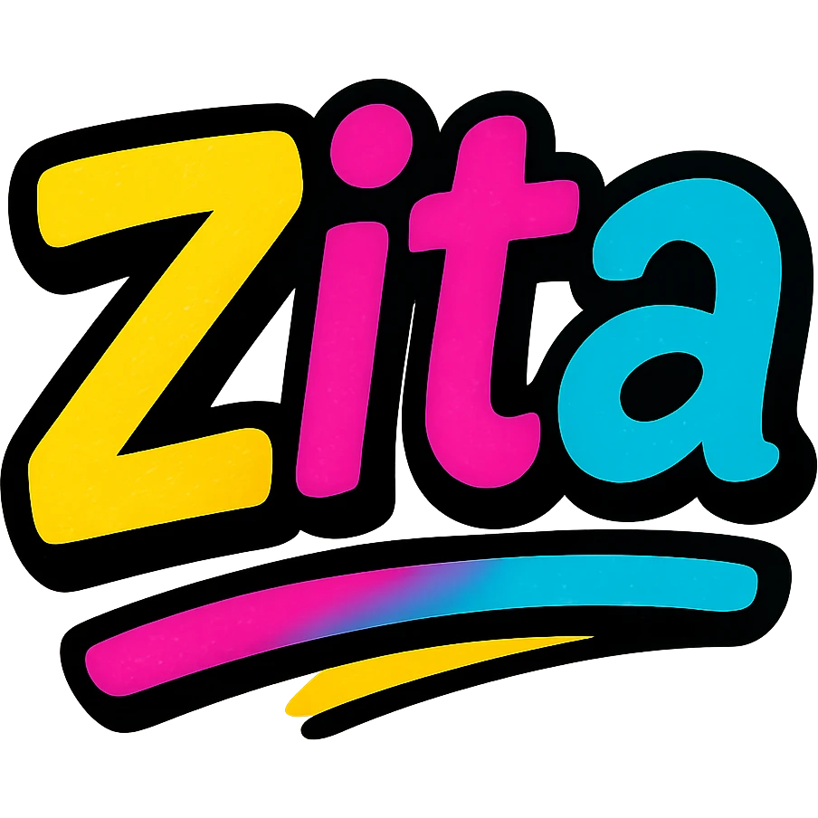 Zita name in modern colorful gradient font with dark outline, dynamic slanted or partial underline, transparent background, in the style of reference patterns emoji
