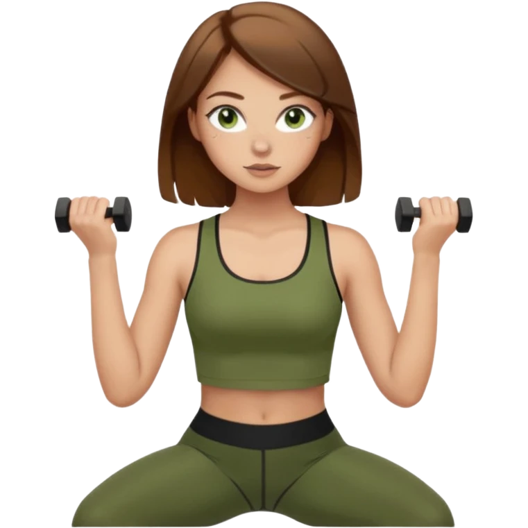 Girl with green eyes, brown hair that goes to her elbows, light skin, and freckles wearing an olive green crop top with black leggings working out, she has light gorgeous lashes emoji