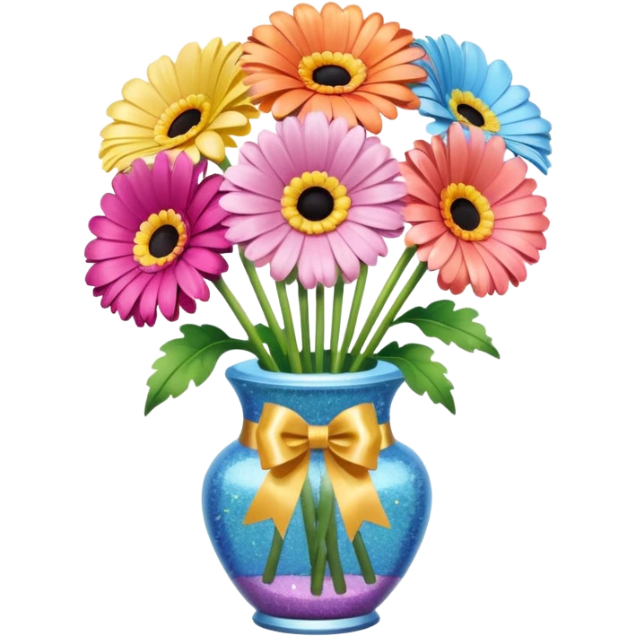 Various pastels Gerbera In a vase with glitter bow  emoji
