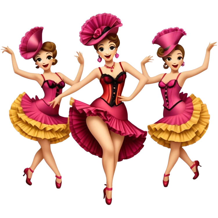 Cinematic Realistic Can-can Dance Emoji, depicted as a lively cabaret dance scene with flouncy costumes and dynamic energetic movement, rendered with vibrant textures and playful theatrical lighting that captures the spirit of French cabaret. emoji