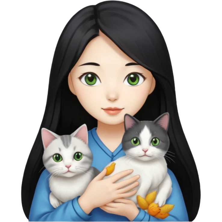 A pretty Korean woman with long black hair, white skin, holding a gray-lined green-eyed cat and a white blue-eyed blind chicken cat
 emoji