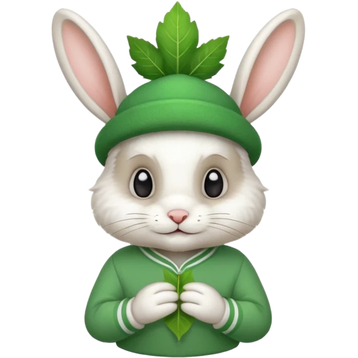 A rabbit that has a leaf hat and a green jersey emoji