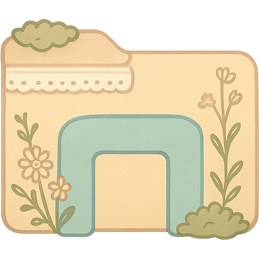 Create a File Explorer icon in cottagecore style: folder with a blue arch, decorated with wildflowers, moss, and lace, soft pastel and earthy colors, no text, transparent background. emoji