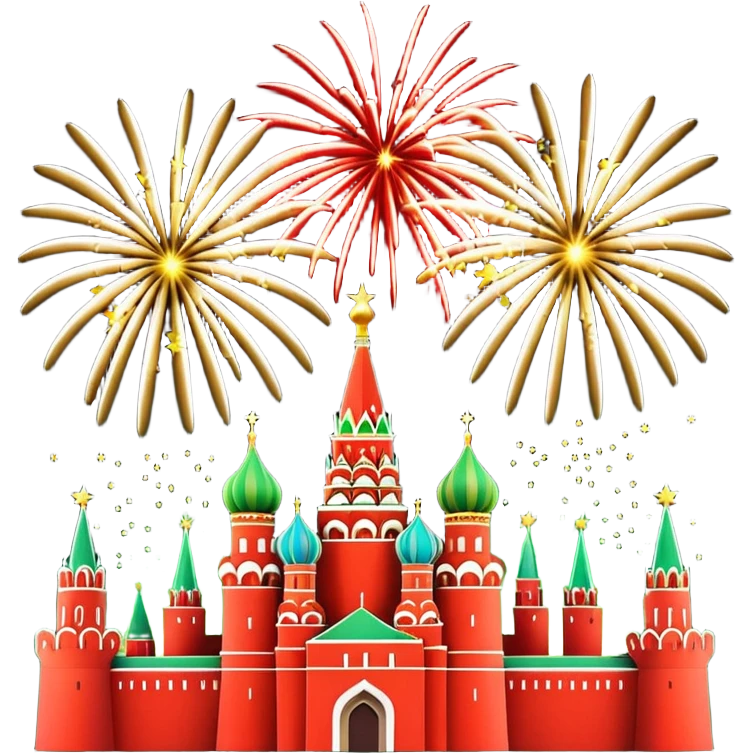 Apple style 3D emoji of New Year fireworks over Moscow. Vibrant multi-colored sparkling bursts (red, gold, green) in the sky. Below, a simplified glossy 3D silhouette of the Kremlin towers with glowing red stars. 
 emoji