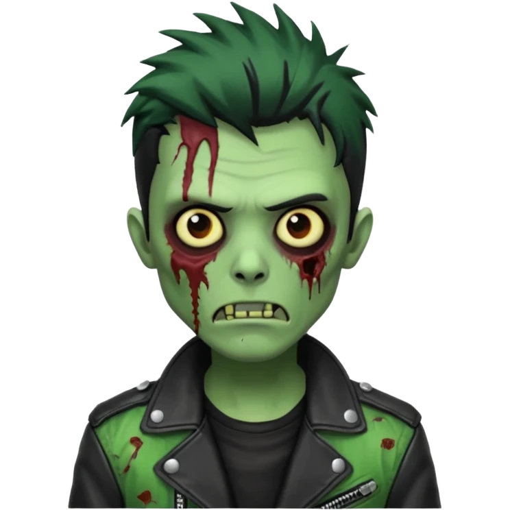 Hombre zombie de piel verde con chaqueta de cuero punk, pelo negro emoji