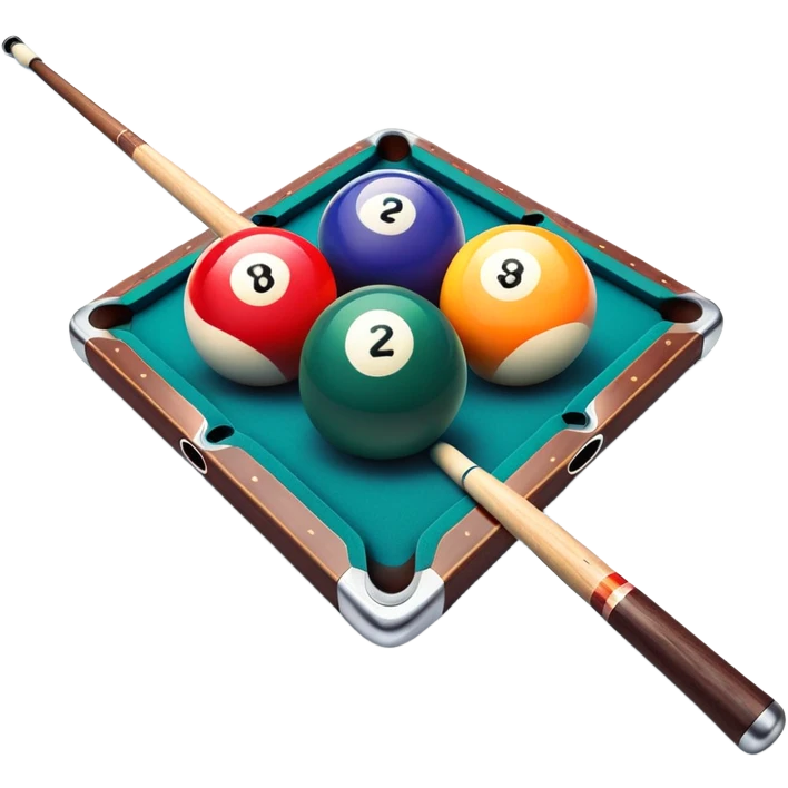 Two crossed pool cues resting on a billiard table, with colorful billiard balls scattered across the surface. The background features the felt of the table, creating an inviting atmosphere for a game of precision and strategy emoji