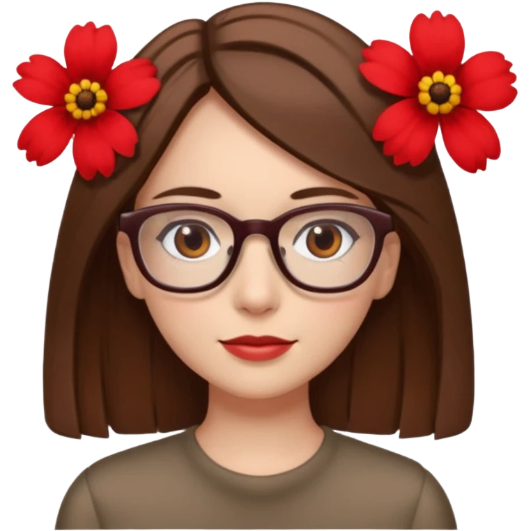 Hawaii female with fair skin. Shoulder length straight brown hair. Brown eyes with glasses. Flower in hair emoji