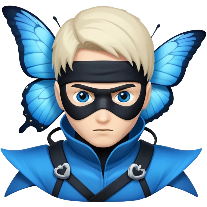 Crea una imagen con estos dos emoji 🥷🏻🦋
él ninja de piel blanca con la mariposa azu posada en el hombro como si estuviera volando. emoji