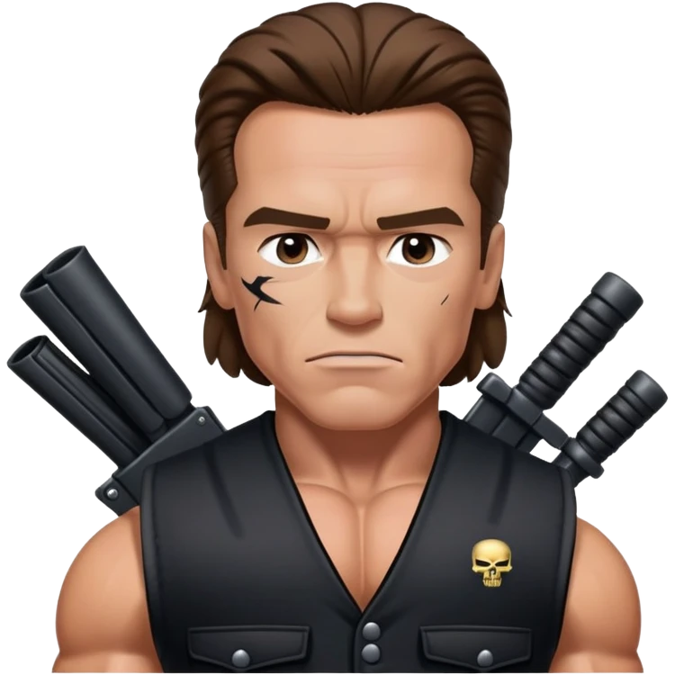 Young Arnold Schwarzenegger wearing a black vest from commando poster with war makeup on ready to fight (seen above the chest) emoji
