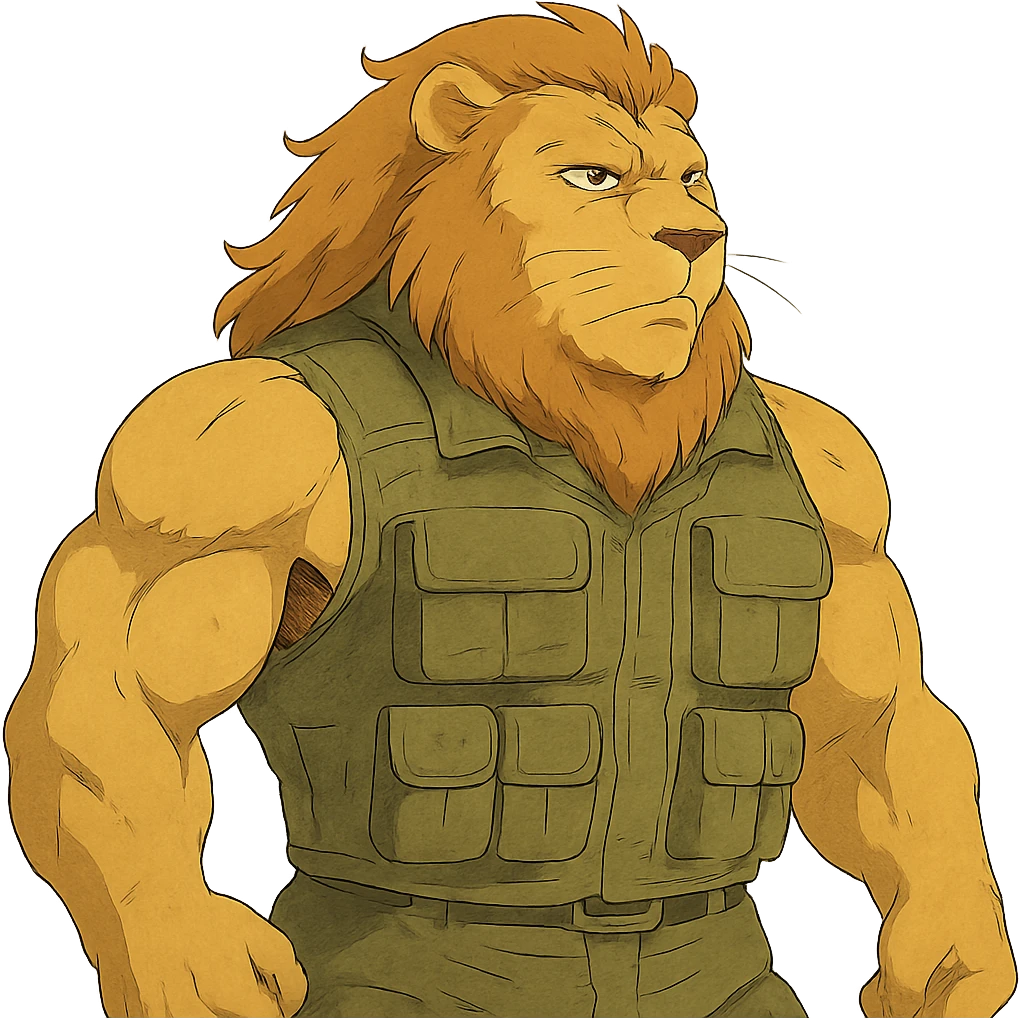 muscular lion wearing a military vest emoji