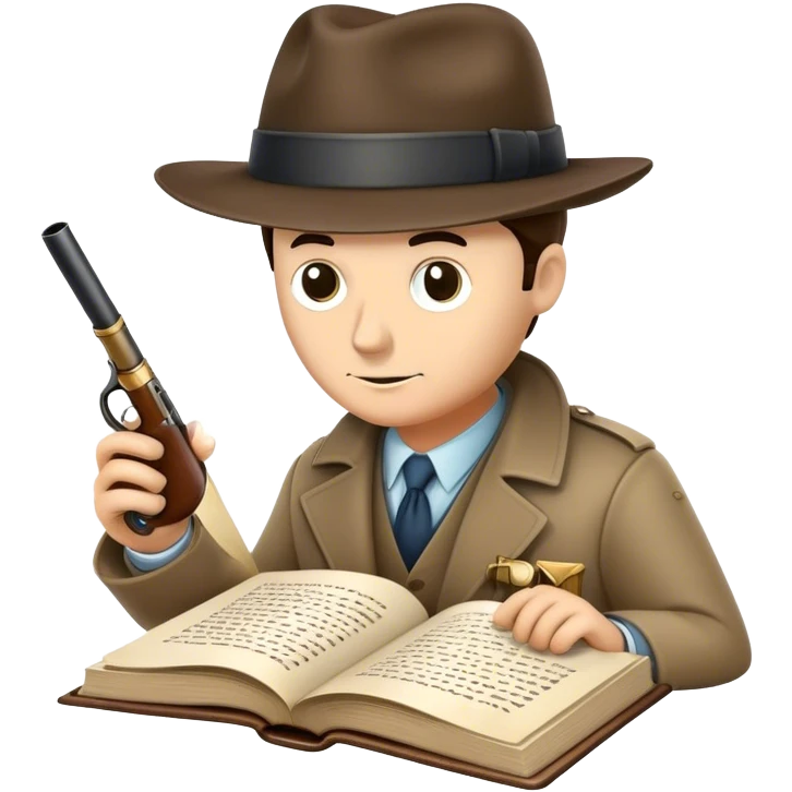 Icon for Detective Reading: an open book with text and a magnifying glass on the pages, a classic detective hat, and a pipe, surrounded by clues like footprints, a revolver, and a notepad. The icon should represent the mystery and intrigue of detective stories. Transparent background. emoji