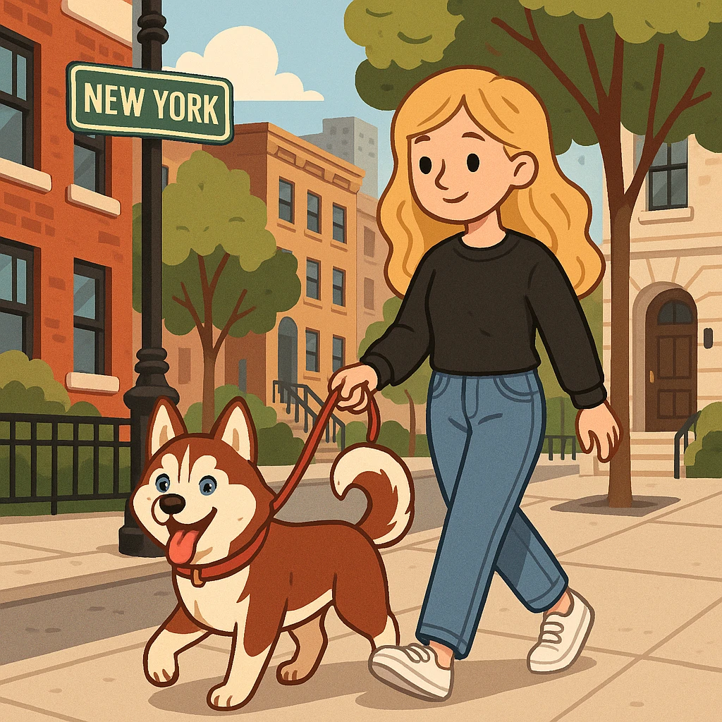 Cute Blonde woman wearing a black sweater and jeans and white sneakers walking a happy red-brown blue-eyed Siberian husky in New York City on an upper east side city sidewalk, flat toon style  emoji
