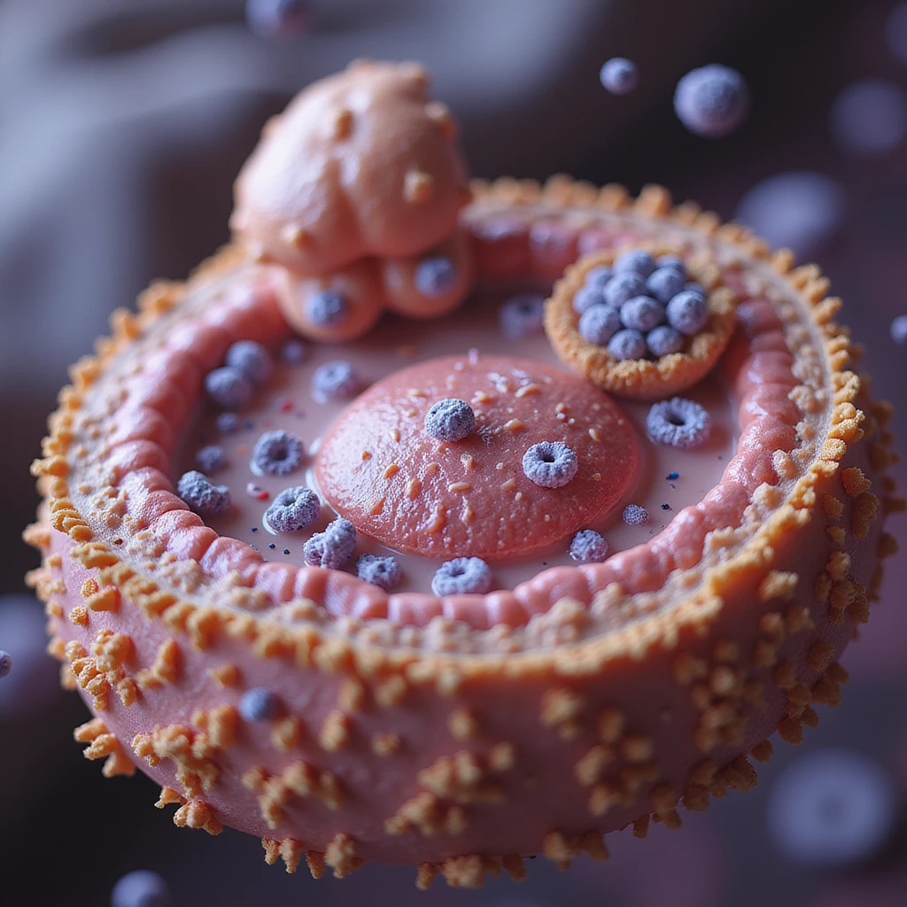 hyperrealistic and anatomical 4K illustration showing fatty acid transport from cytoplasm to mitochondrion in a human cell, detailed molecules of fatty acids, carnitine, and mitochondrial membranes emoji