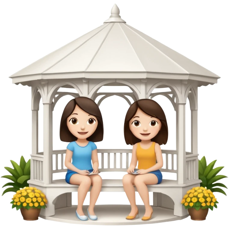 Two small brunette women sitting inside a large white gazebo emoji