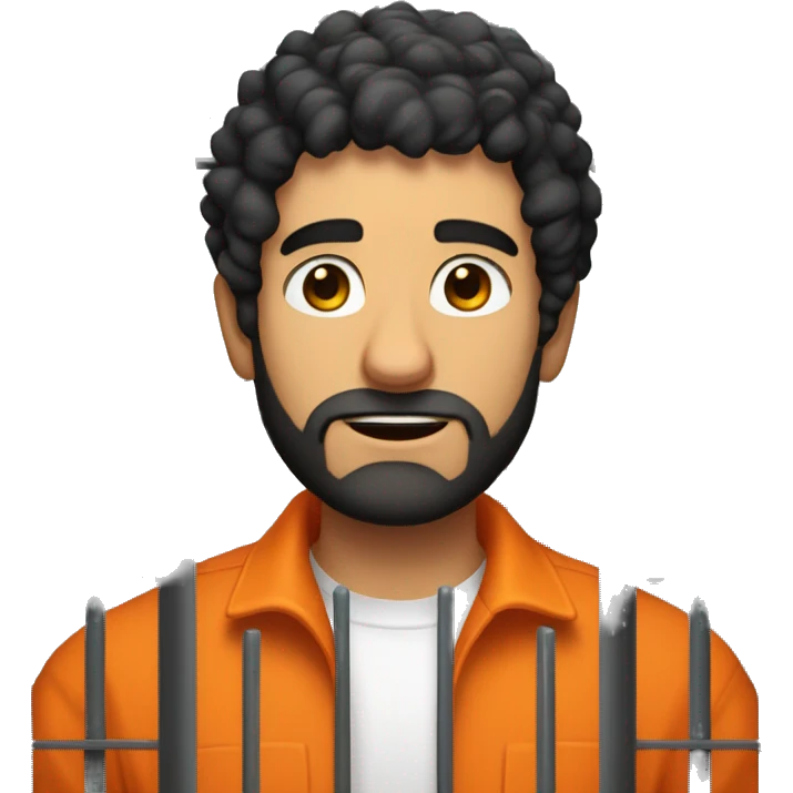 an italian man with an orange jumpsuit on and curly black hair and a stubble beard  behind jail bars emoji