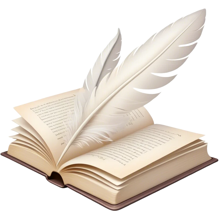 Create a delicate and poetic emoji representing poetry. The design should feature several elegantly flying pages with short poetic columns written on them. The pages should appear light and flowing, almost as if being carried by the wind. Include a white feather gently resting on the pages, symbolizing creativity and inspiration. Use soft, pastel tones to give it a dreamy, artistic feel. The design should feel ethereal and whimsical, capturing the essence of poetry. Make the background transparent. emoji