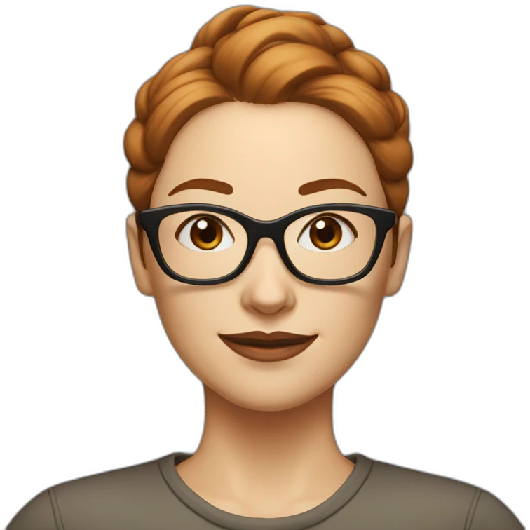 Woman, middle aged, light beige skin, brown-red hair in a bun, rectangle glasses emoji