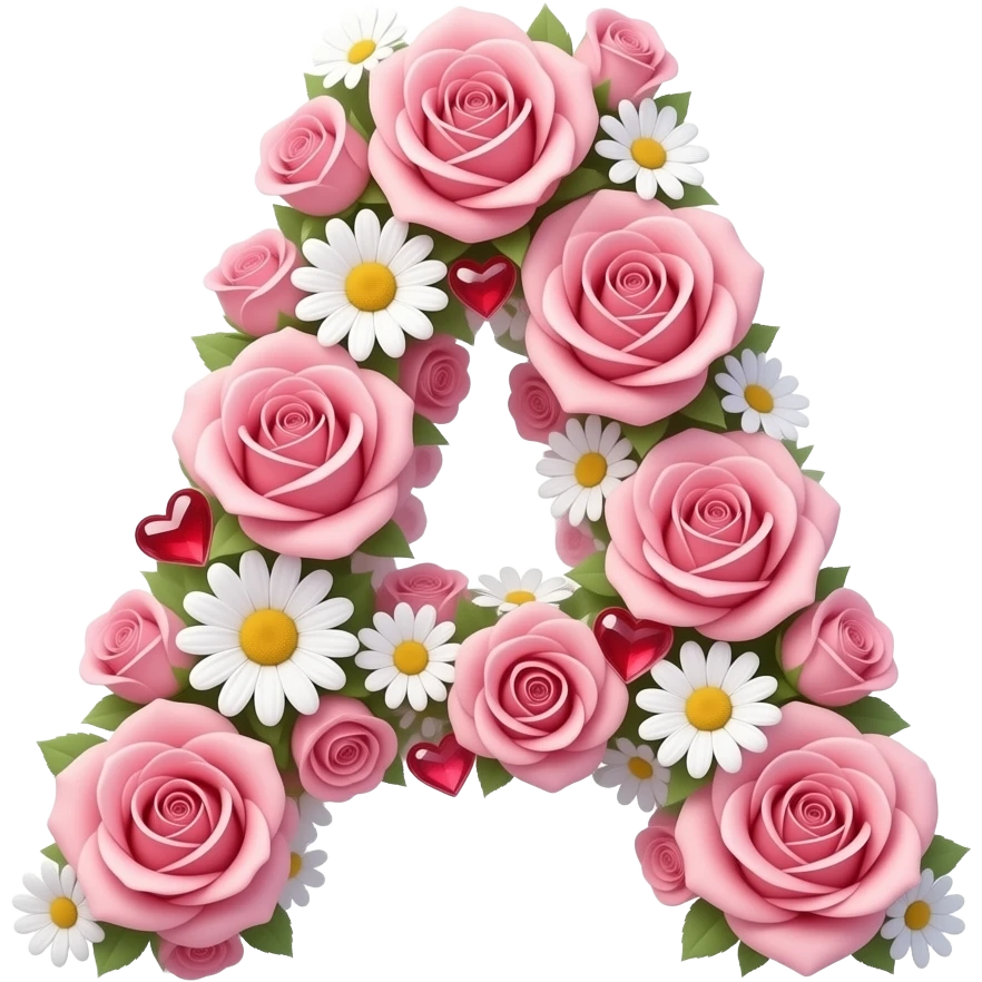 3D letter 'A' made of entwined pink roses and delicate white daisies. Softly glowing, ruby-red hearts are tucked between the petals. The entire letter emits a warm, ethereal aura with sparkling light spots. High-gloss finish, centered on a white background emoji