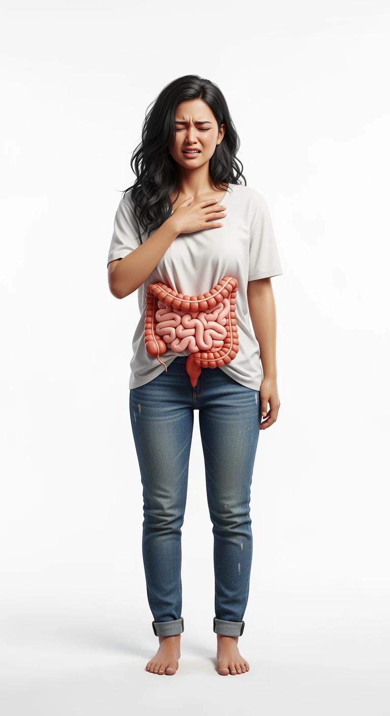 donna a figura intera con intestino umano realistico in 3d in evidenza dolorante, espressione di dolore in volto, sfondo bianco, non farla computerizzata, ma iperrealistica 4k, sfondo bianco emoji