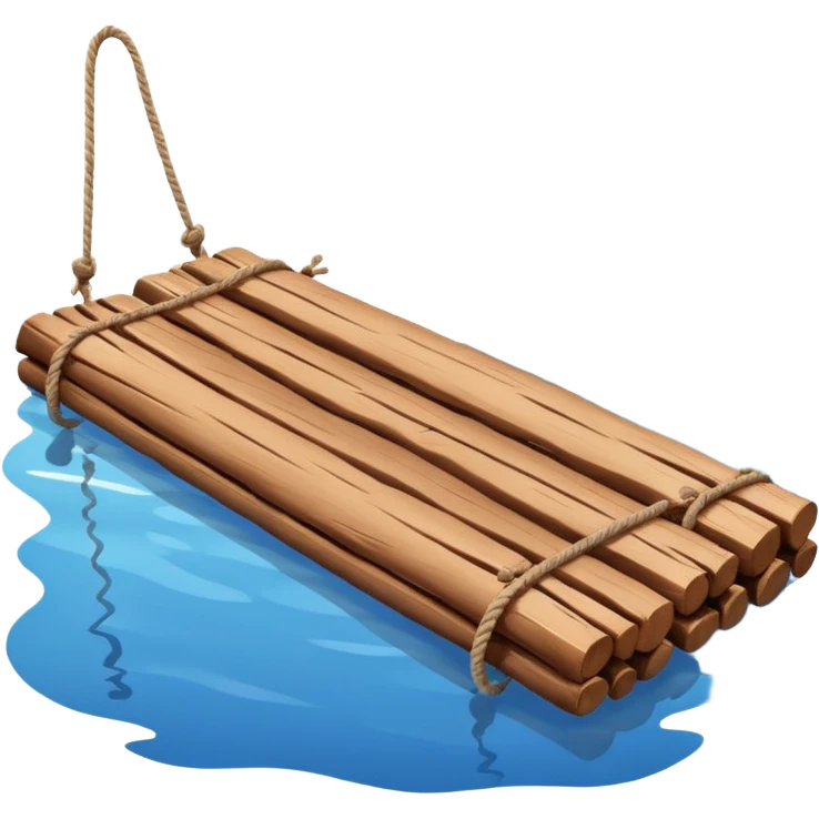 showing a simple wooden raft floating on calm blue water — made of several brown logs tied together with rope — gentle ripples around it — bright, cheerful lighting and soft shadows — minimalist, clean emoji design emoji